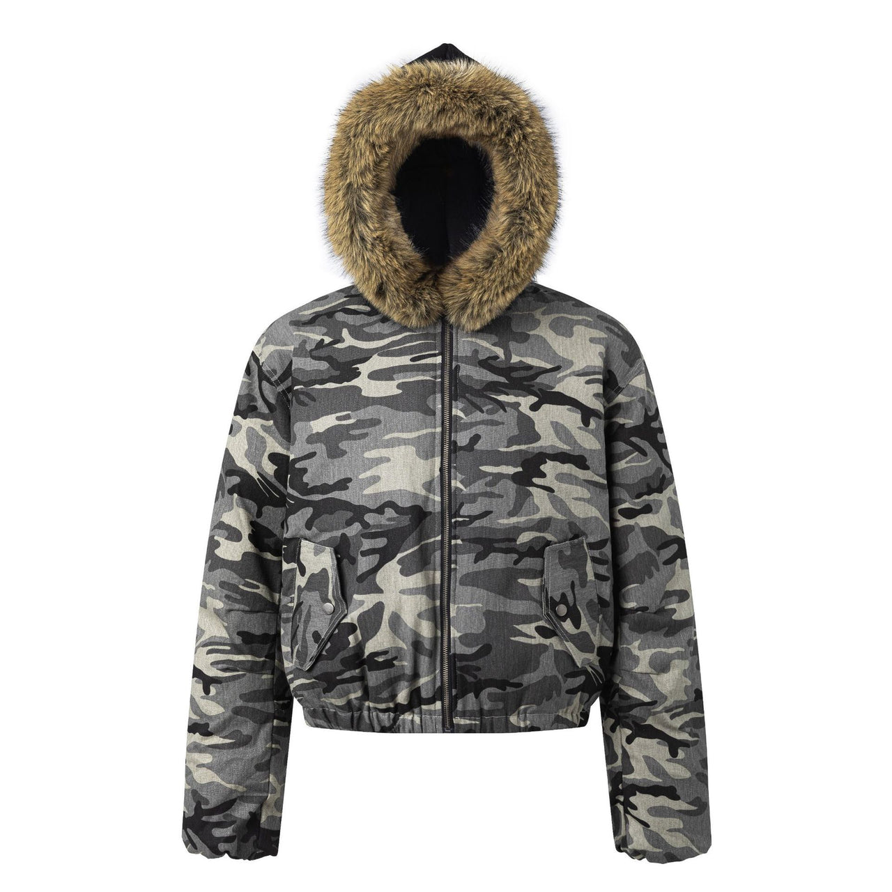 Faux-Fur-Trim Camo Jacket