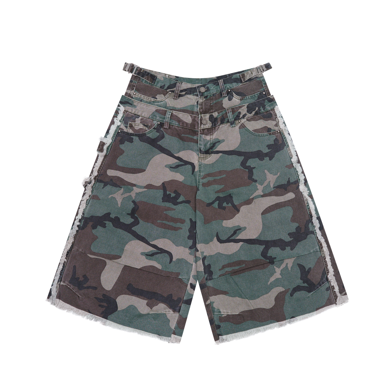 Camouflage Double Waistband Spliced Frayed Shorts