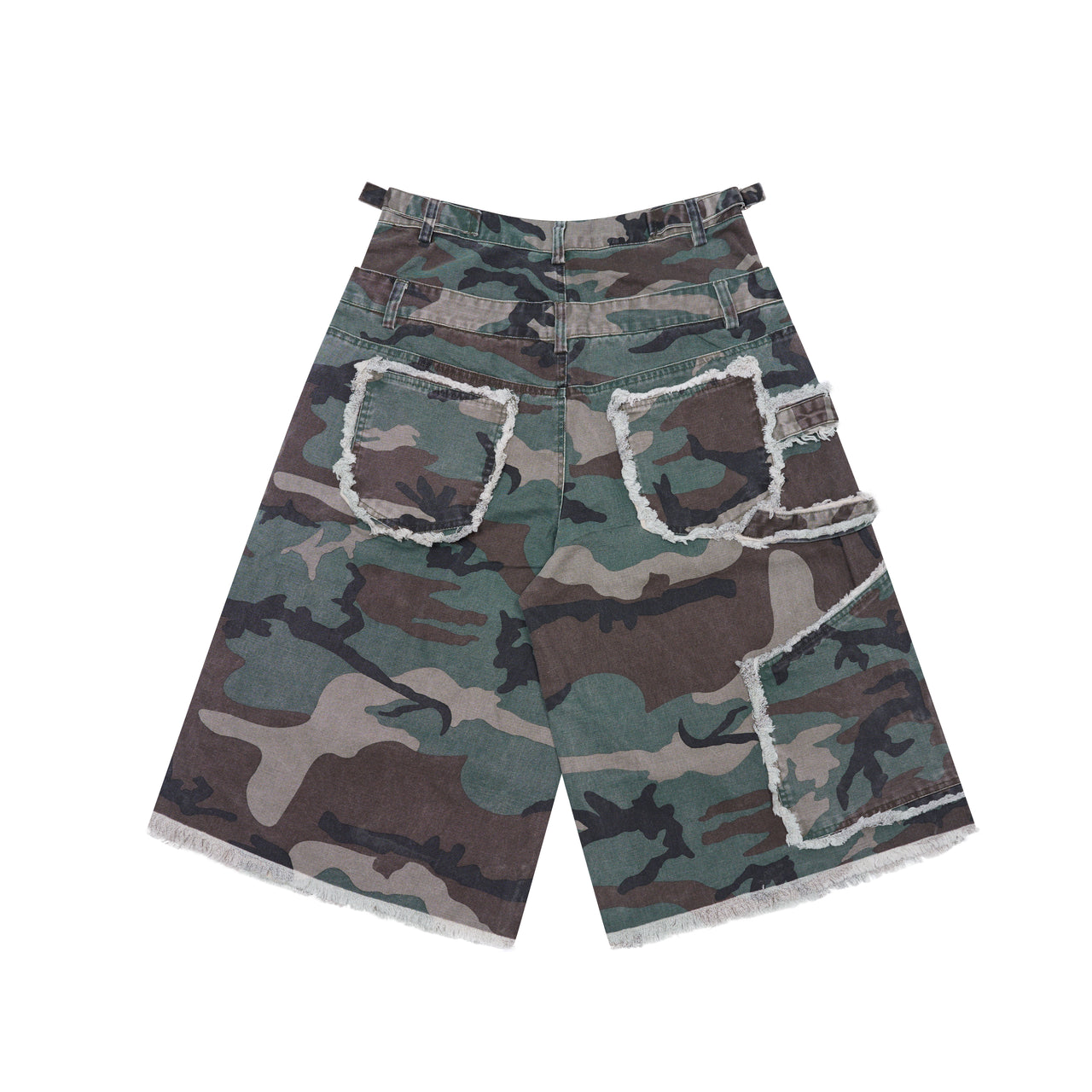 Camouflage Double Waistband Spliced Frayed Shorts