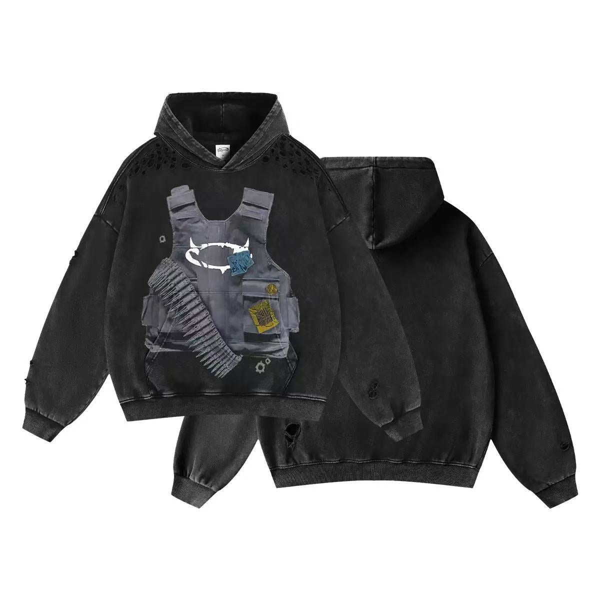 American Streetwear Digital Print Ripped Hoodie