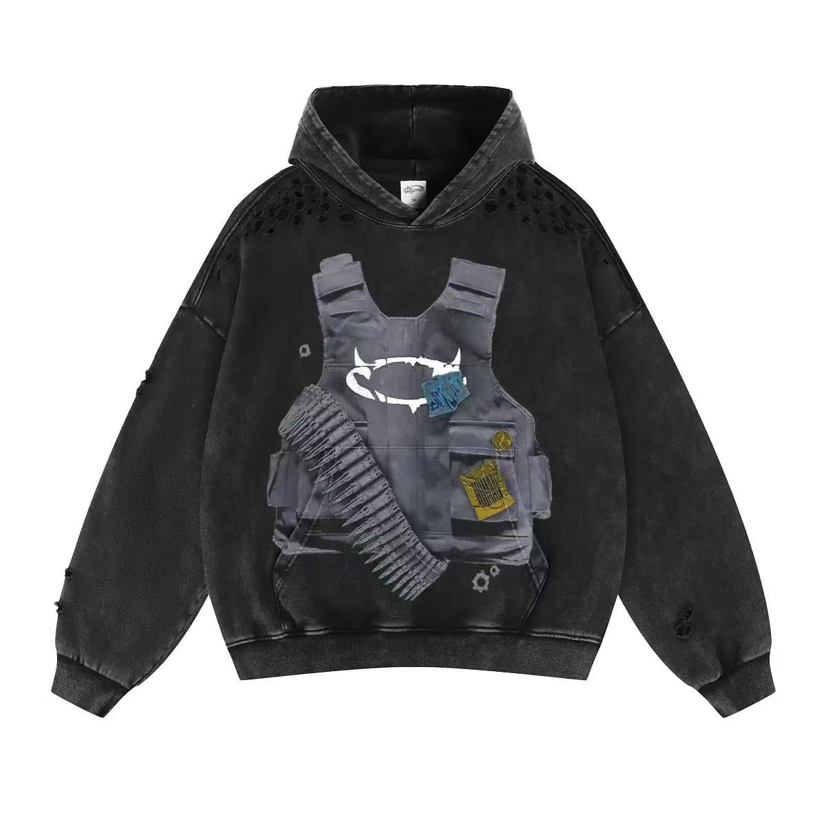 American Streetwear Digital Print Ripped Hoodie