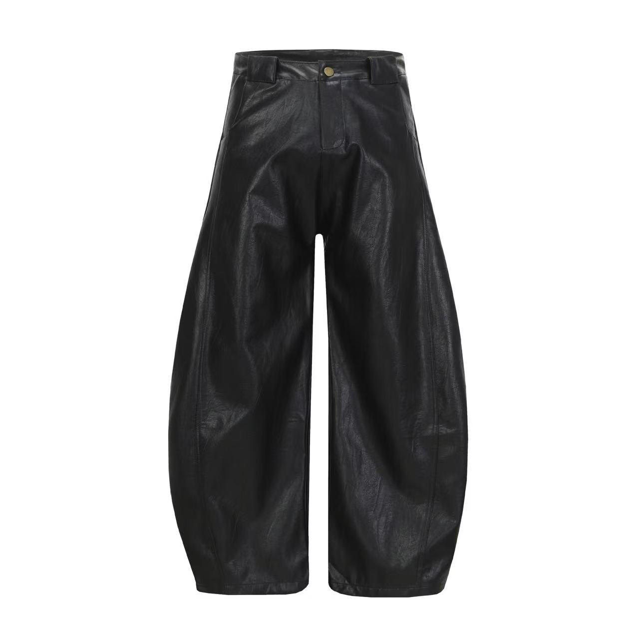 Vintage-Inspired Curved-Cut PU Pants