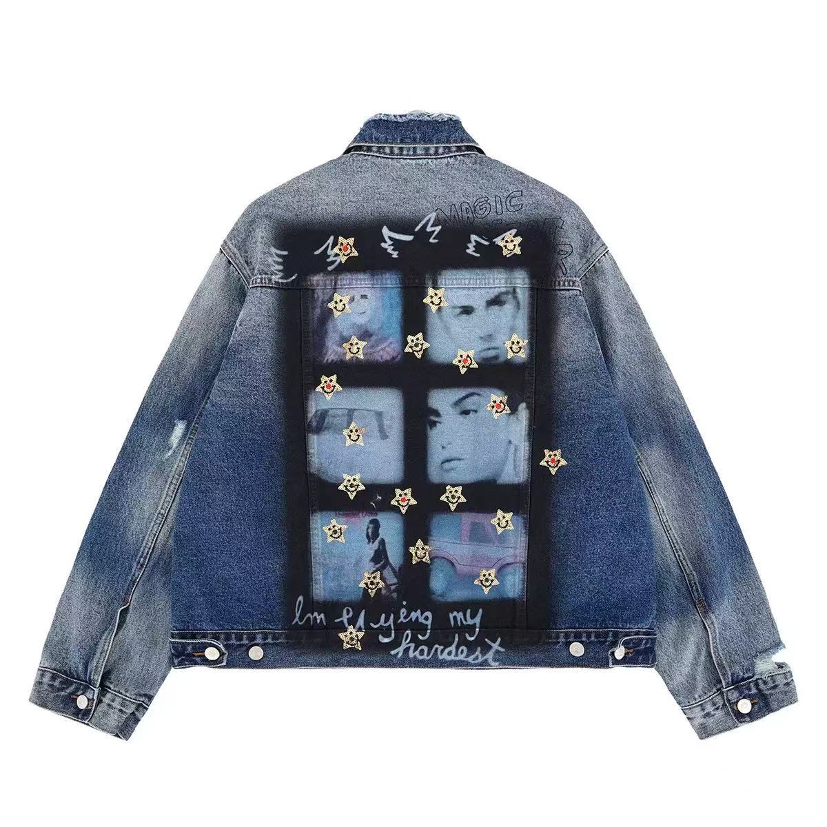 American Hip-Hop Digital Print Denim Jacket