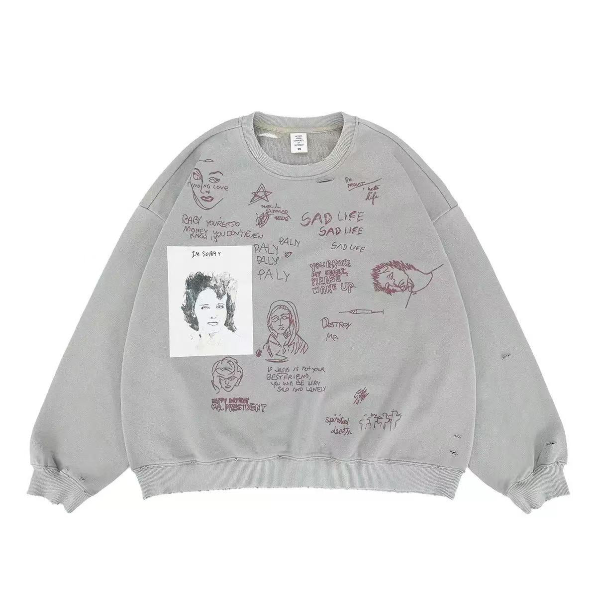 American Streetwear Portrait Graffiti Print Sweatshirt