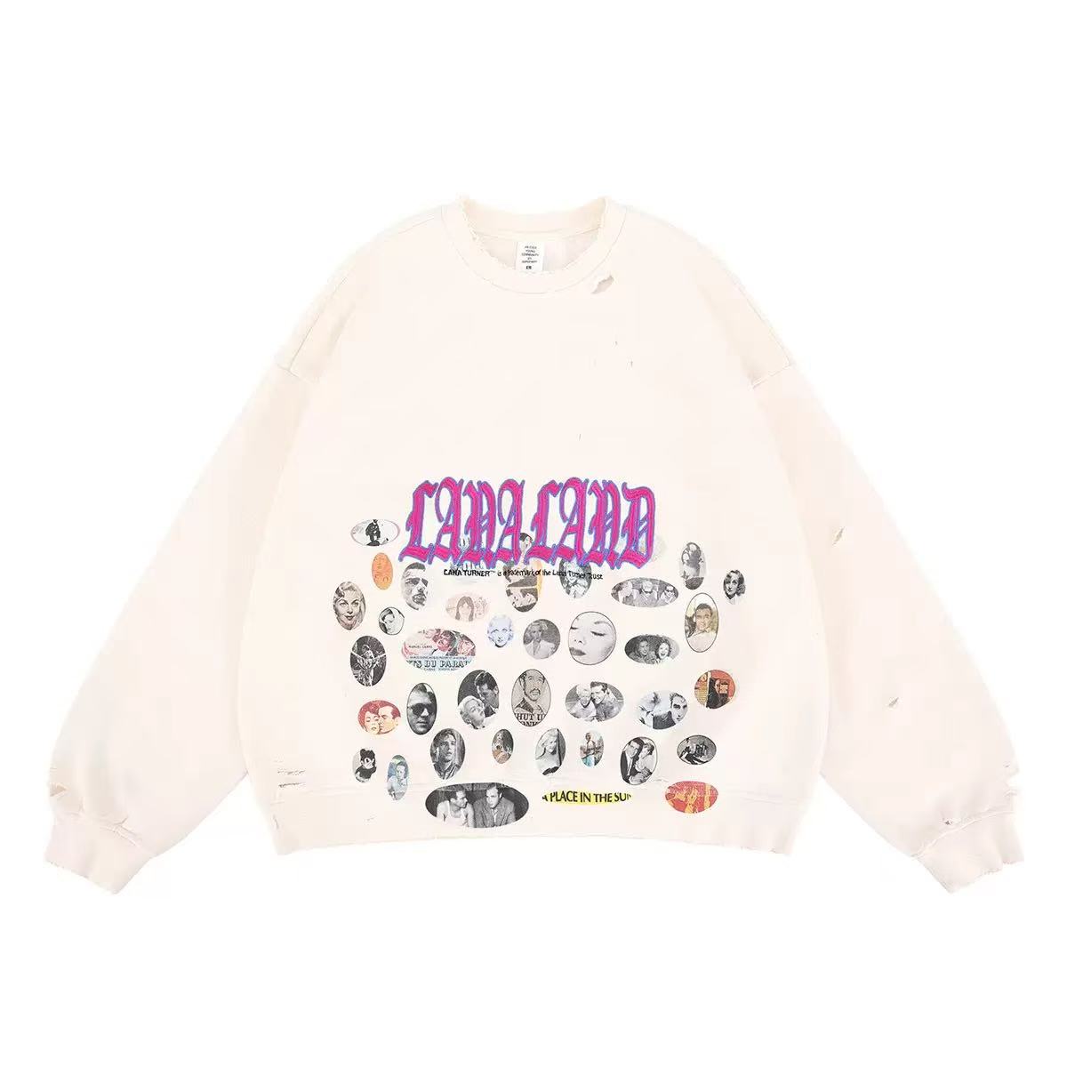 American Streetwear Badge Print Distressed Fleece Sweatshirt