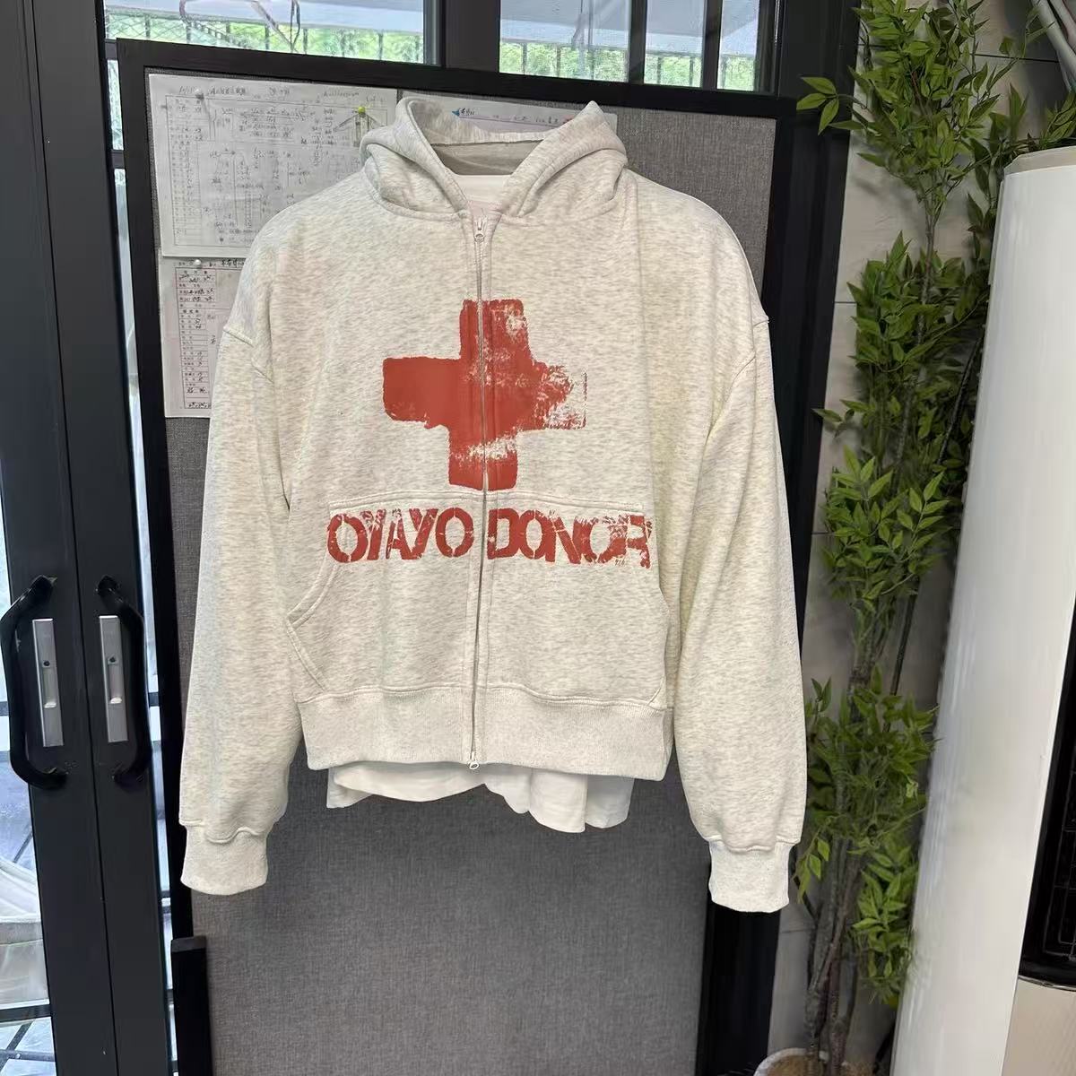 Omirad Fleece-Lined Red Cross Zip Hoodie