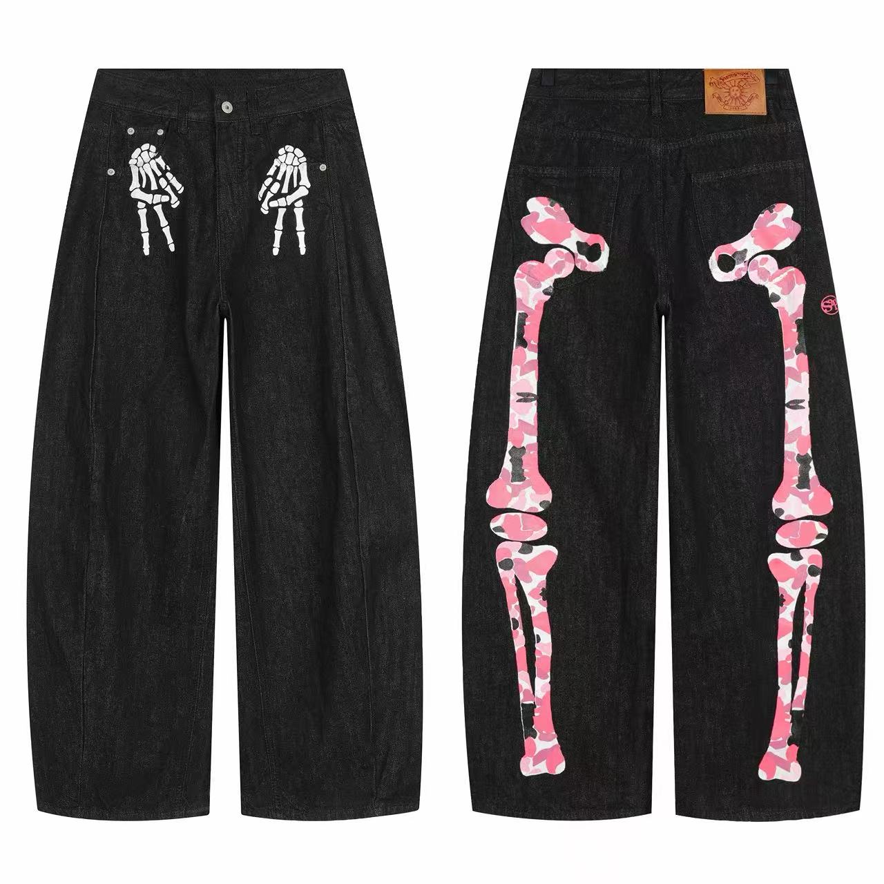Omirad Skeleton Graphic Wide-Leg Denim Pants