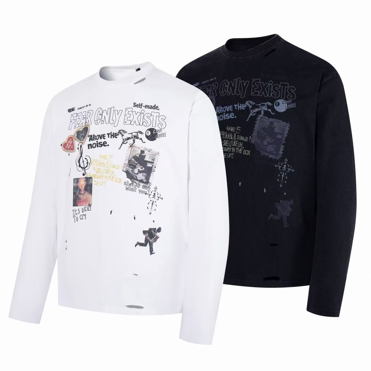 Omirad Fear Only Exists Distressed Long Sleeve Tee