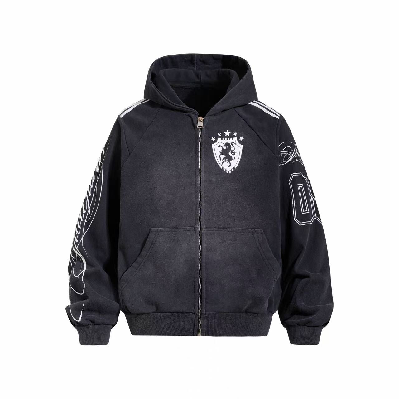 Omirad Washed Crest Graphic Zip-Up Hoodie