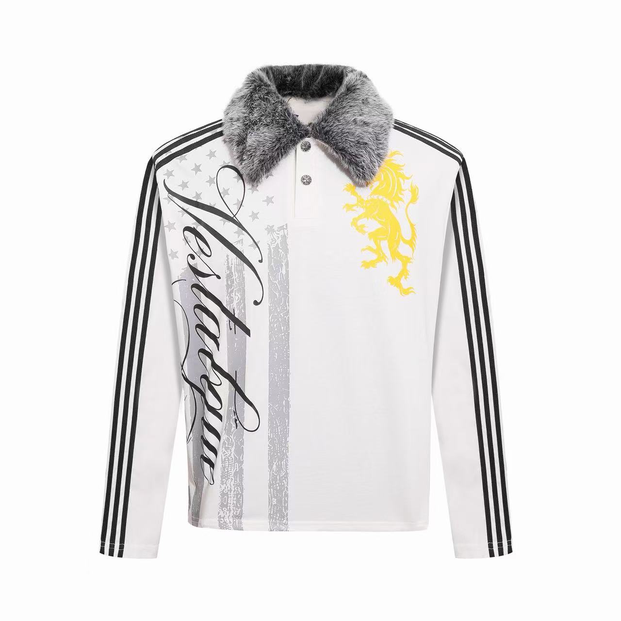 Omirad Faux Fur Collar Crest Graphic Long Sleeve Polo