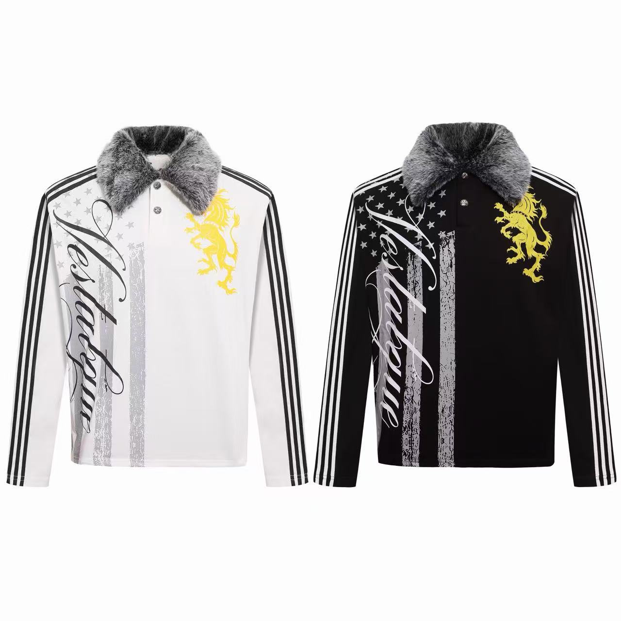 Omirad Faux Fur Collar Crest Graphic Long Sleeve Polo