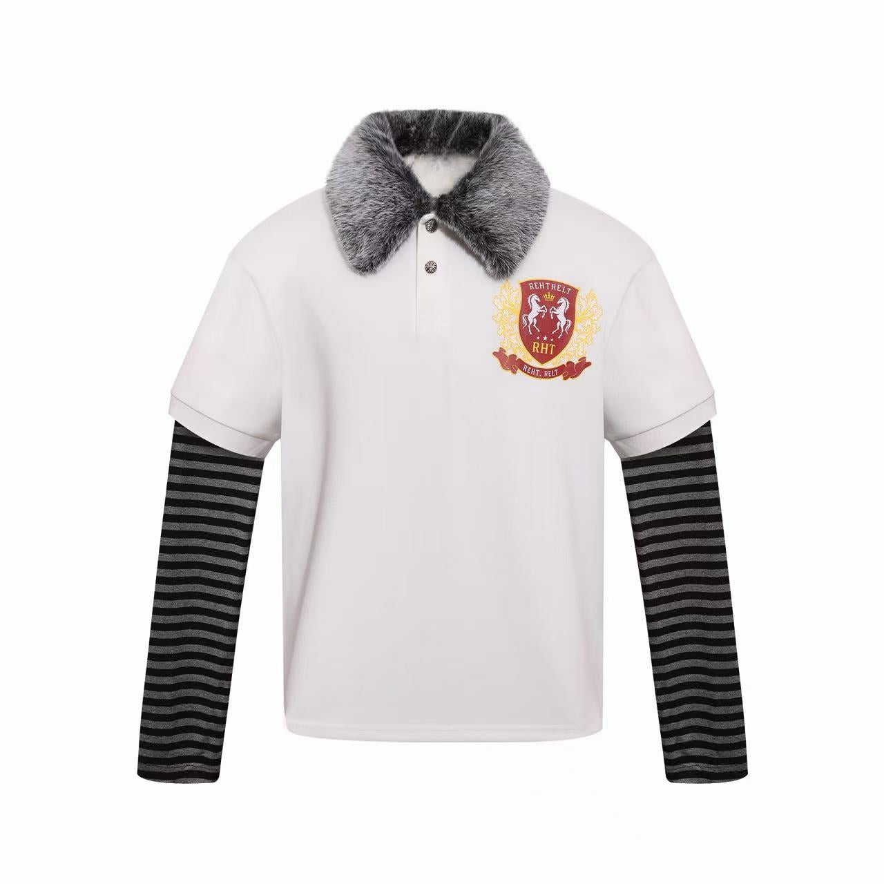 Omirad Faux Fur Collar Layered Polo Long Sleeve Tee