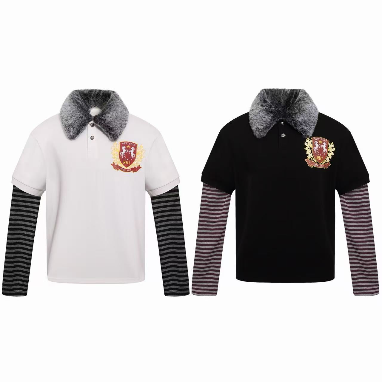 Omirad Faux Fur Collar Layered Polo Long Sleeve Tee
