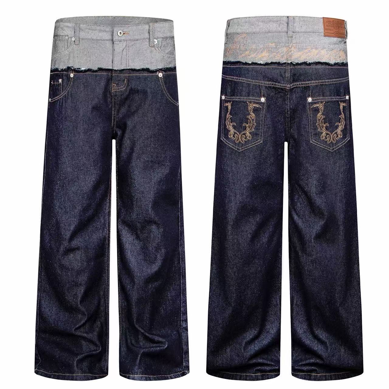 Omirad Contrast Waist Embroidered Wide-Leg Jeans