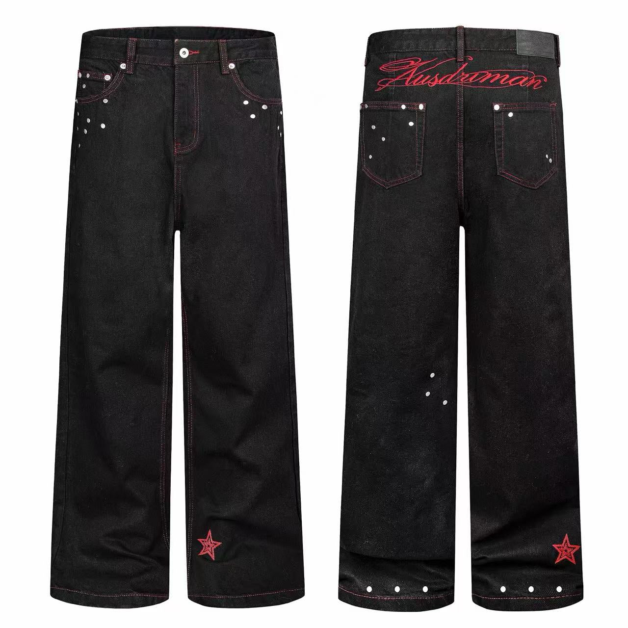 Omirad Red Stitch Studded Wide-Leg Jeans