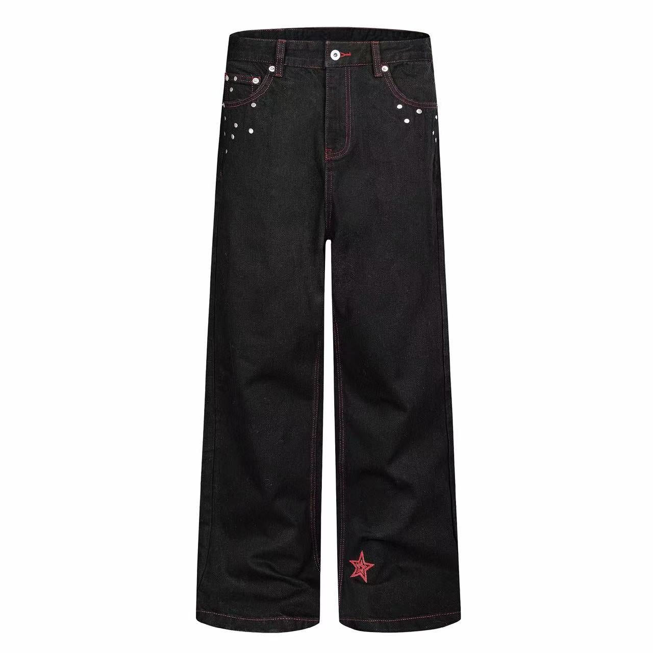 Omirad Red Stitch Studded Wide-Leg Jeans