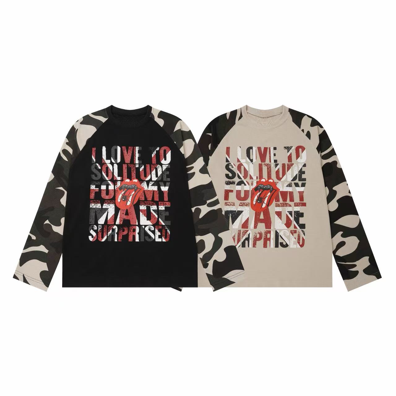 Omirad Striped Sleeve Gothic Graphic Long Sleeve Tee