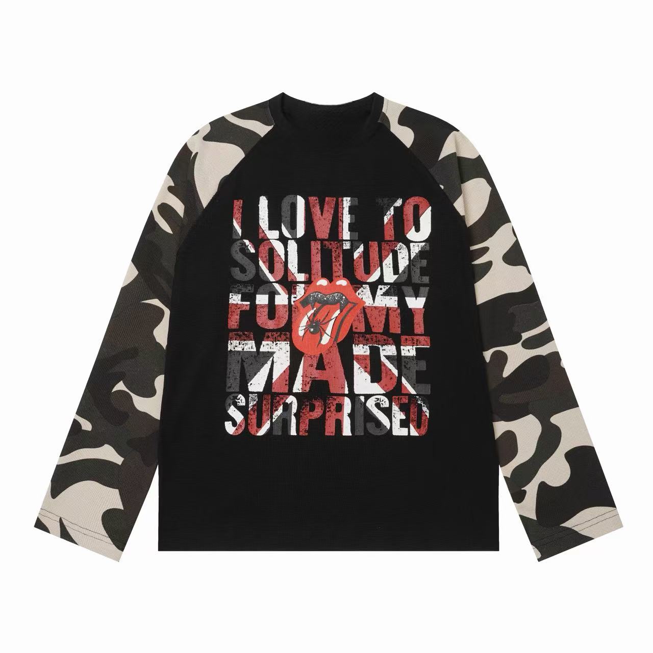 Omirad Striped Sleeve Gothic Graphic Long Sleeve Tee