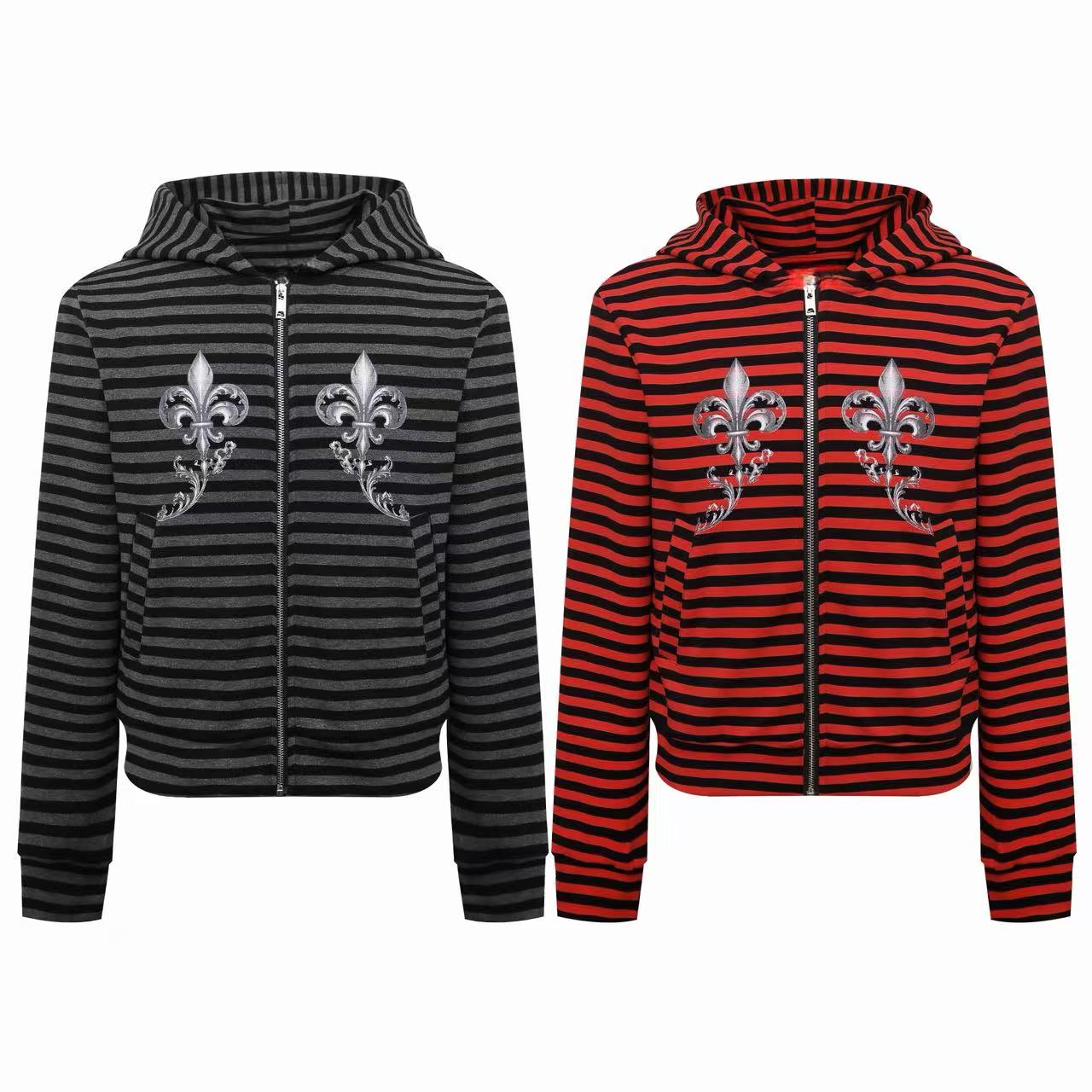 Omirad Fleur-De-Lis Striped Zip-Up Hoodie
