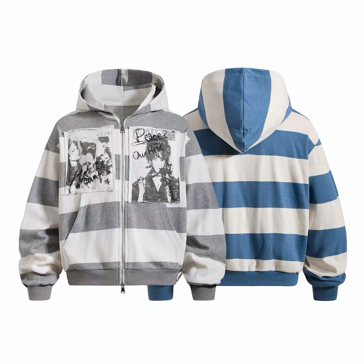 Omirad Striped Patchwork Graphic Zip-Up Hoodie