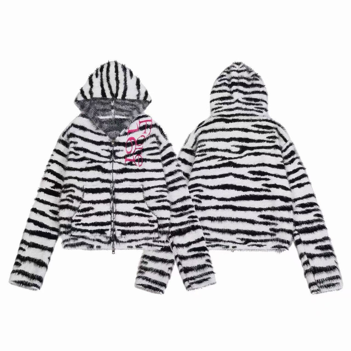 Omirad Fuzzy Zebra Graphic Zip-Up Sweater
