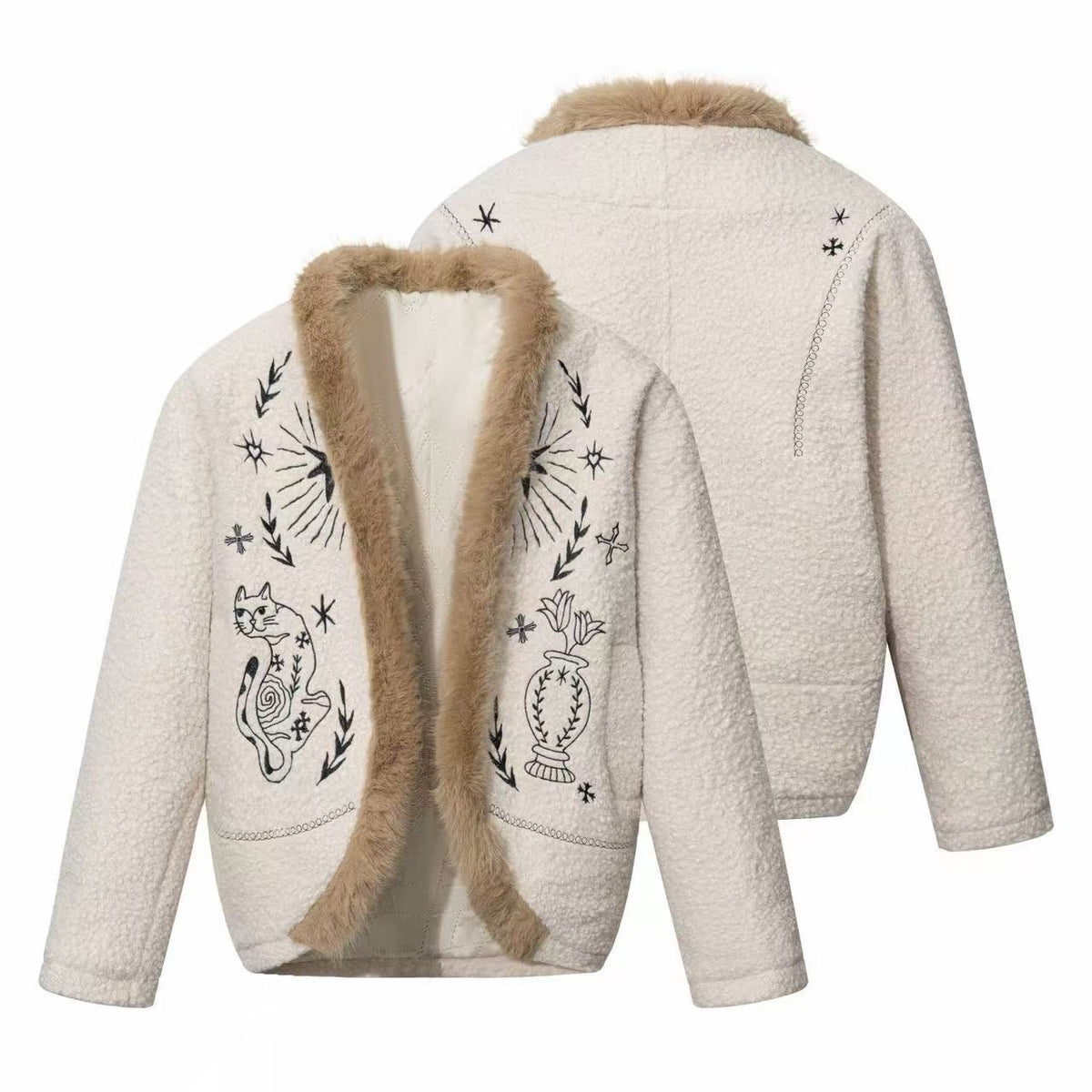 Omirad Faux Fur Trim Embroidered Textured Jacket