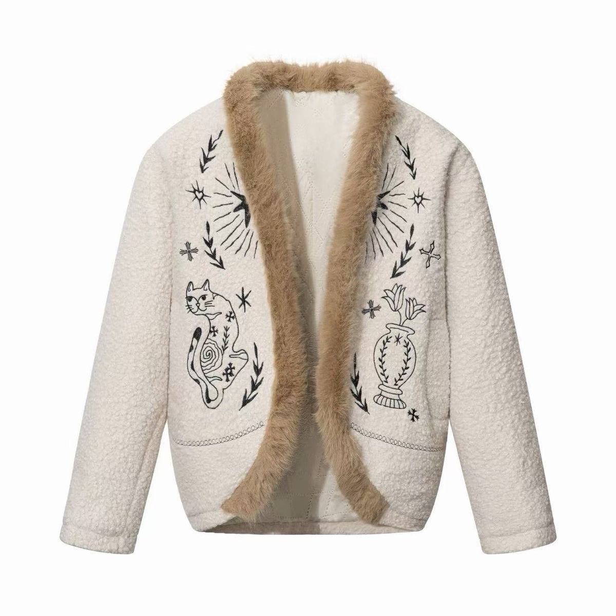 Omirad Faux Fur Trim Embroidered Textured Jacket