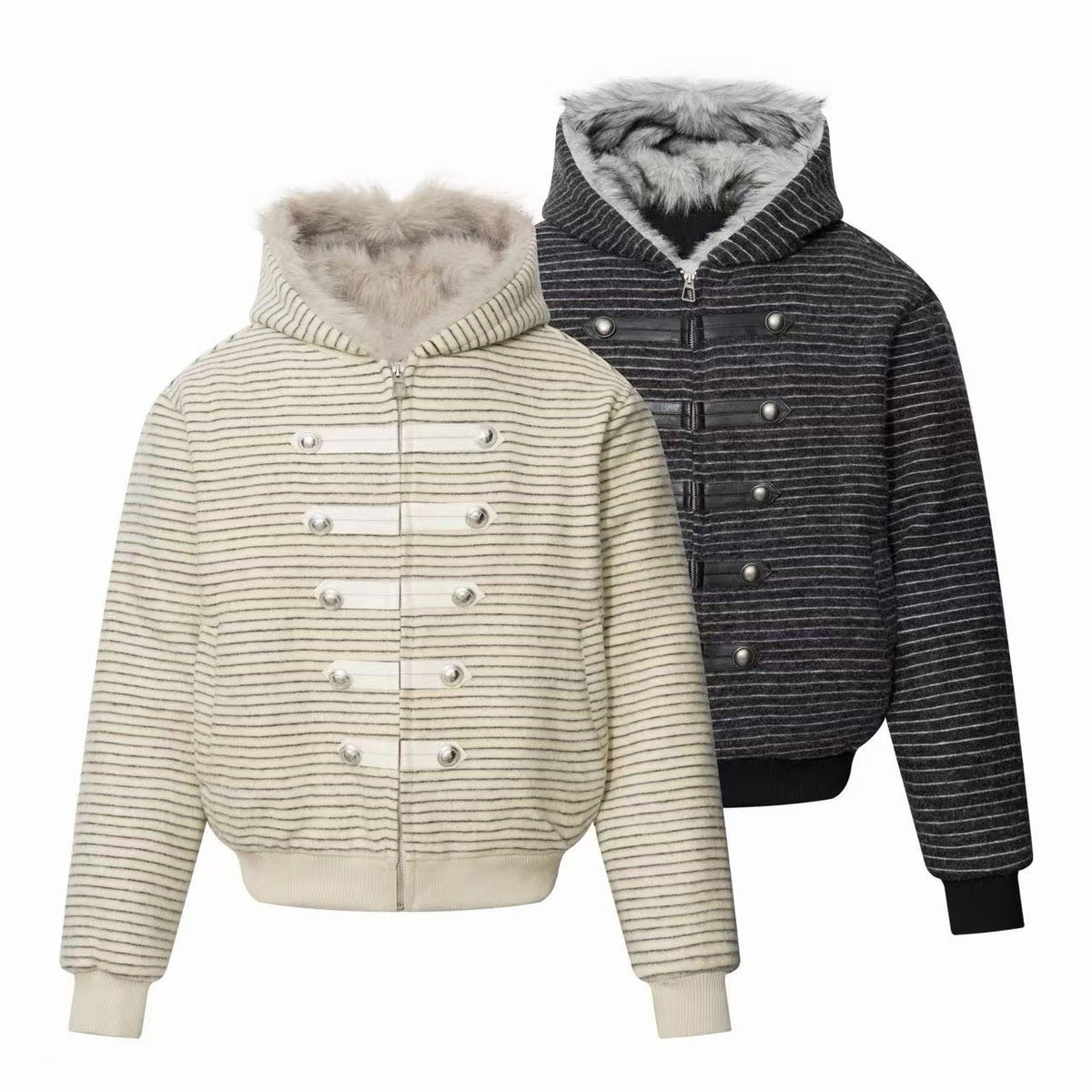Omirad Faux Fur Hood Striped Military Bomber Jacket