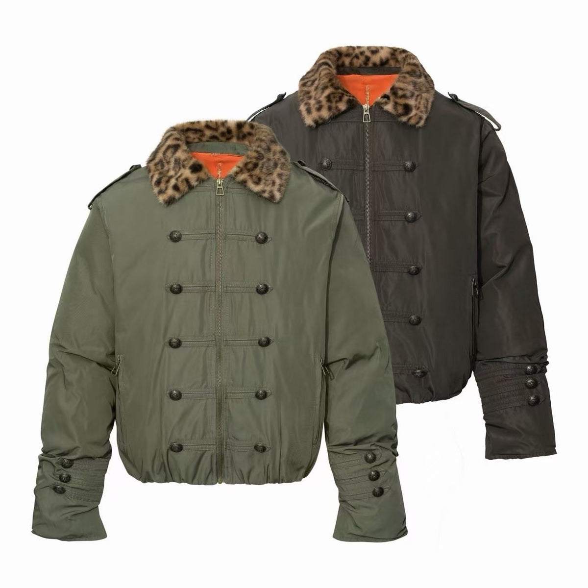 Omirad Leopard Faux Fur Collar Military Bomber Jacket