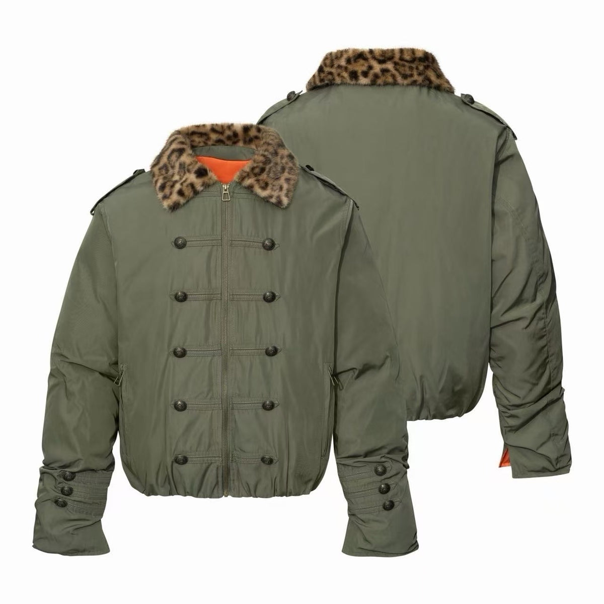 Omirad Leopard Faux Fur Collar Military Bomber Jacket