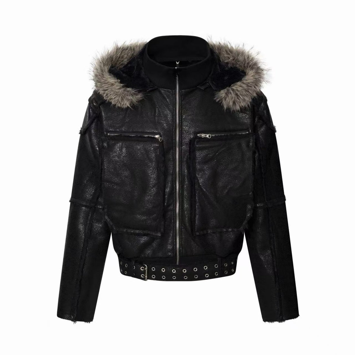 Omirad Faux Fur Hood Utility Belt Jacket