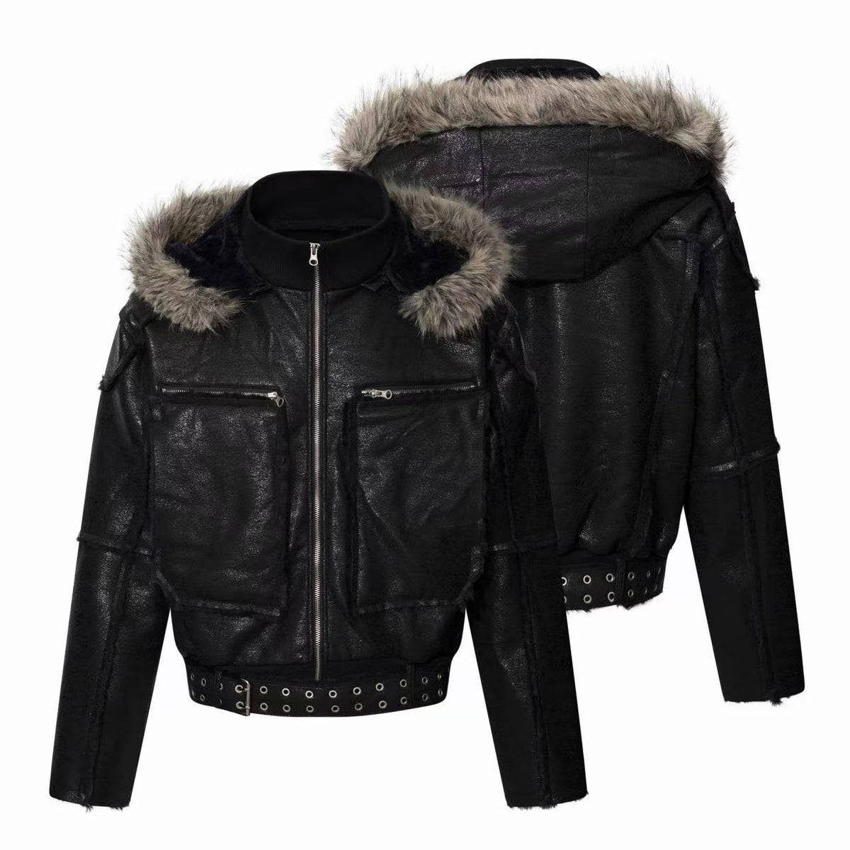 Omirad Faux Fur Hood Utility Belt Jacket