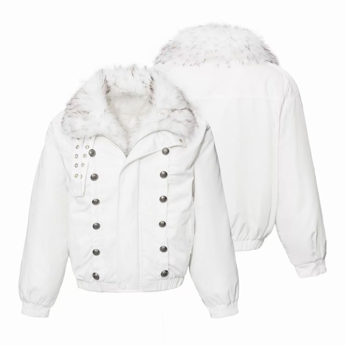 Omirad Faux Fur Collar Military Button Bomber Jacket