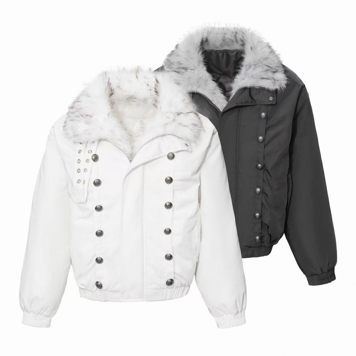 Omirad Faux Fur Collar Military Button Bomber Jacket