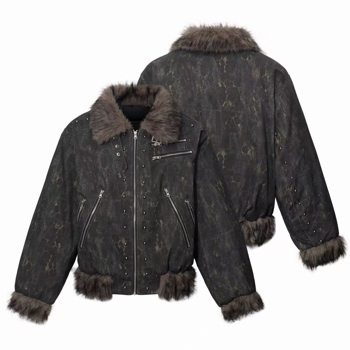 Omirad Distressed Faux Fur Studded Moto Jacket
