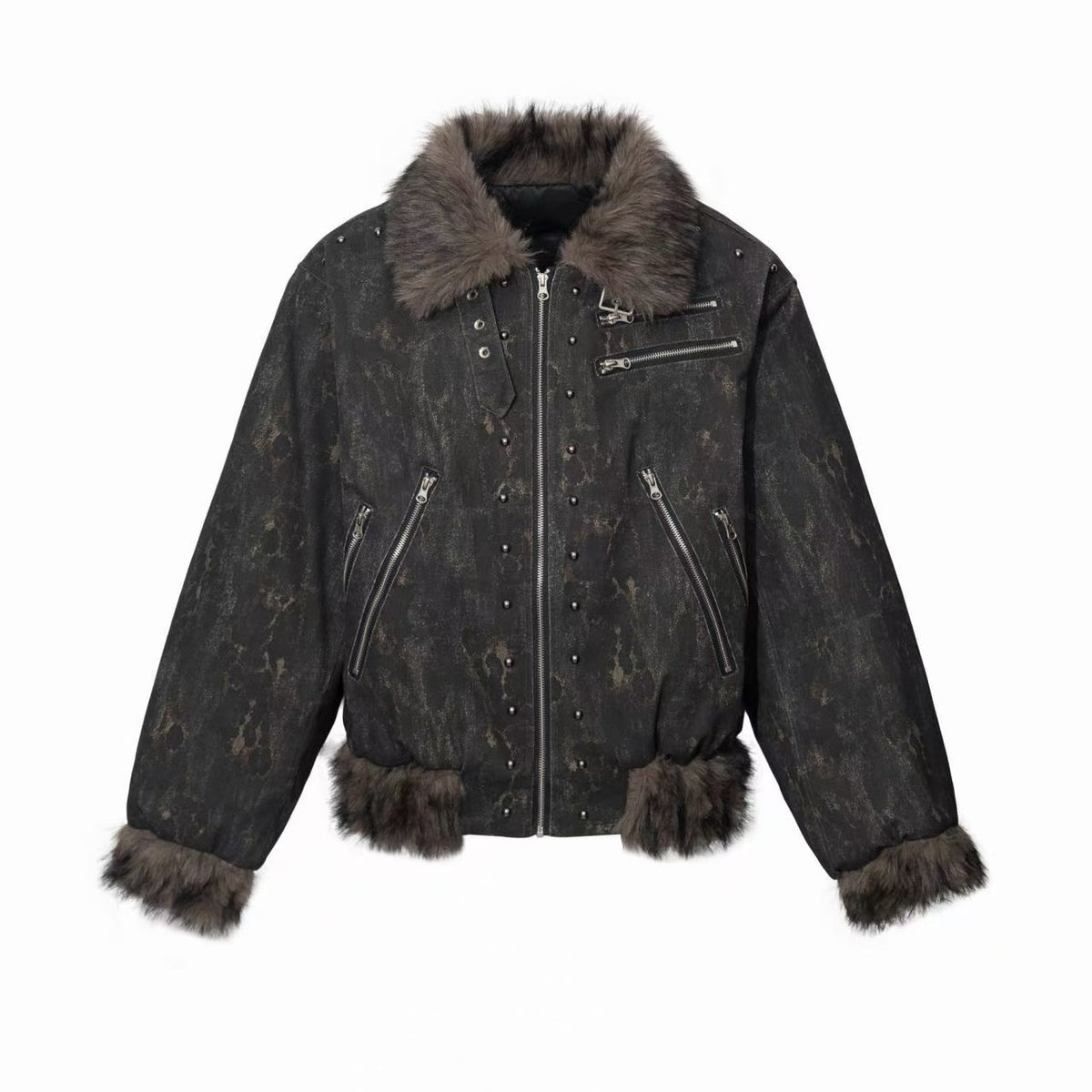 Omirad Distressed Faux Fur Studded Moto Jacket