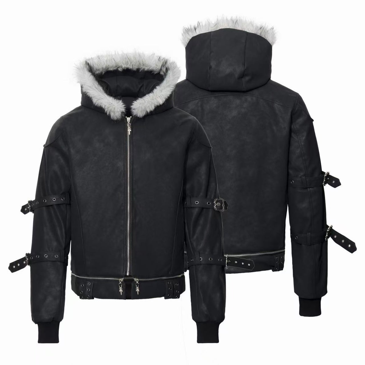 Omirad Faux Fur Hood Buckle Strap Jacket