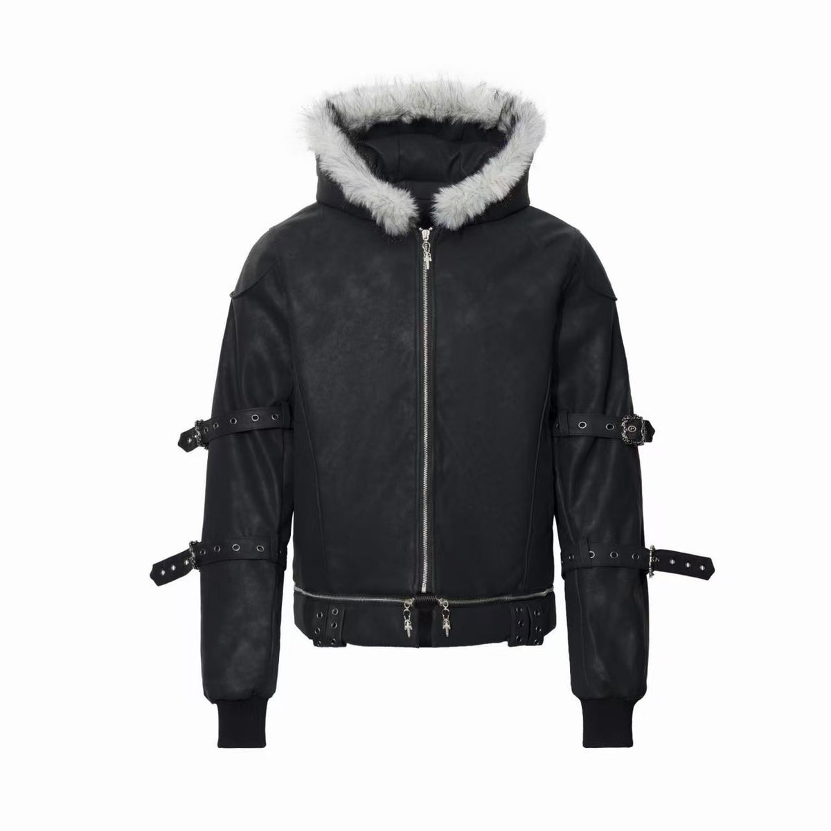 Omirad Faux Fur Hood Buckle Strap Jacket