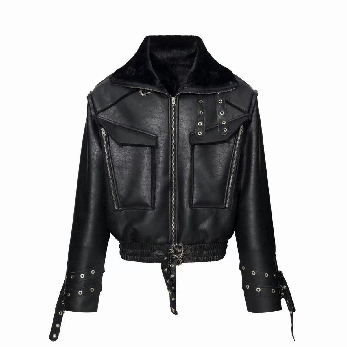 Omirad Faux Fur Collar Utility Buckle Bomber Jacket