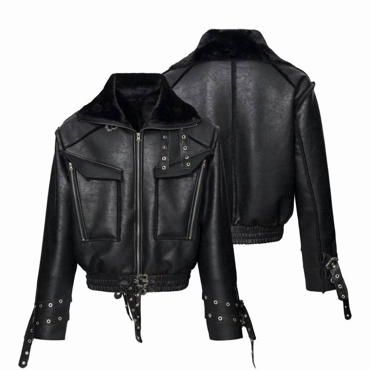 Omirad Faux Fur Collar Utility Buckle Bomber Jacket