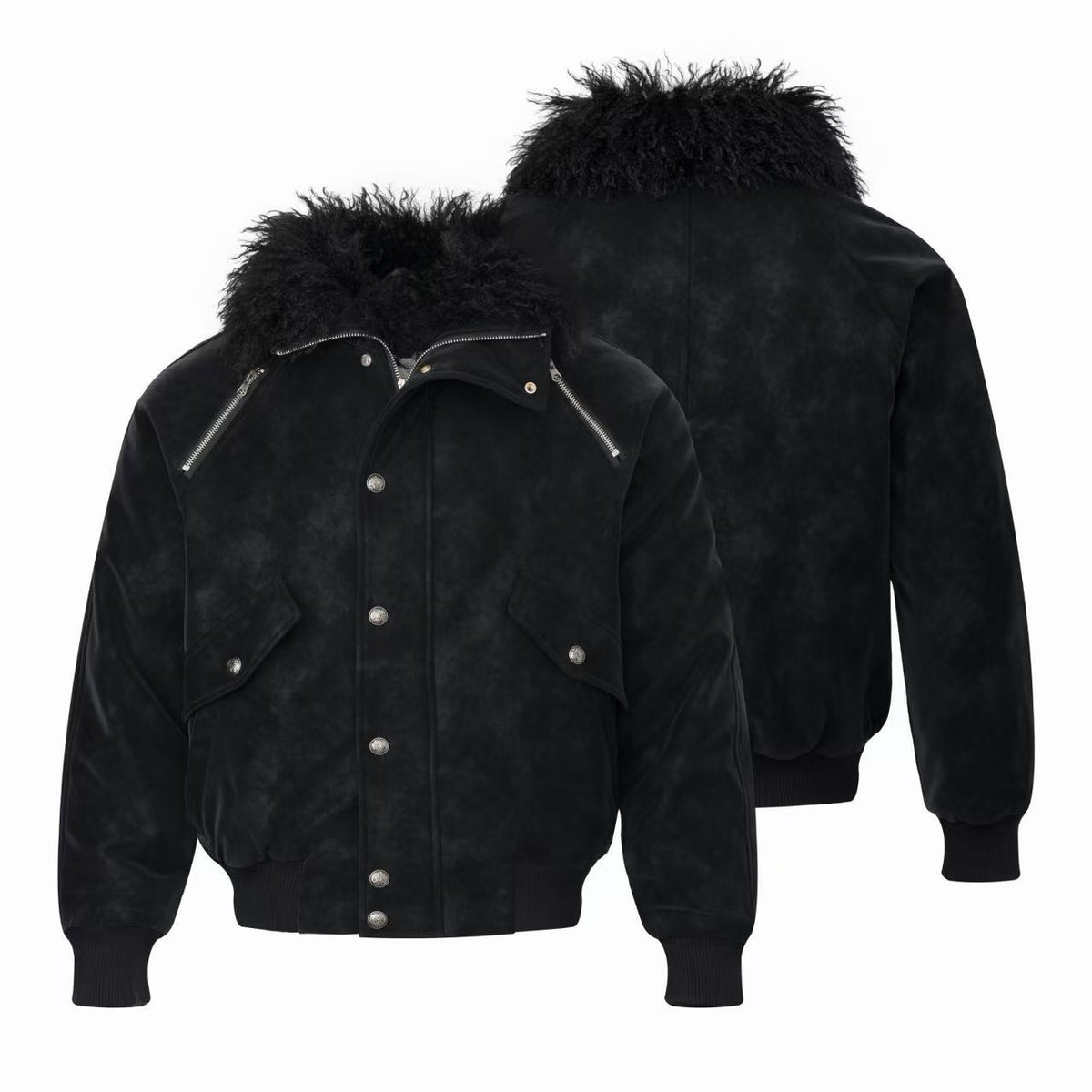 Omirad Faux Fur Collar Washed Bomber Jacket