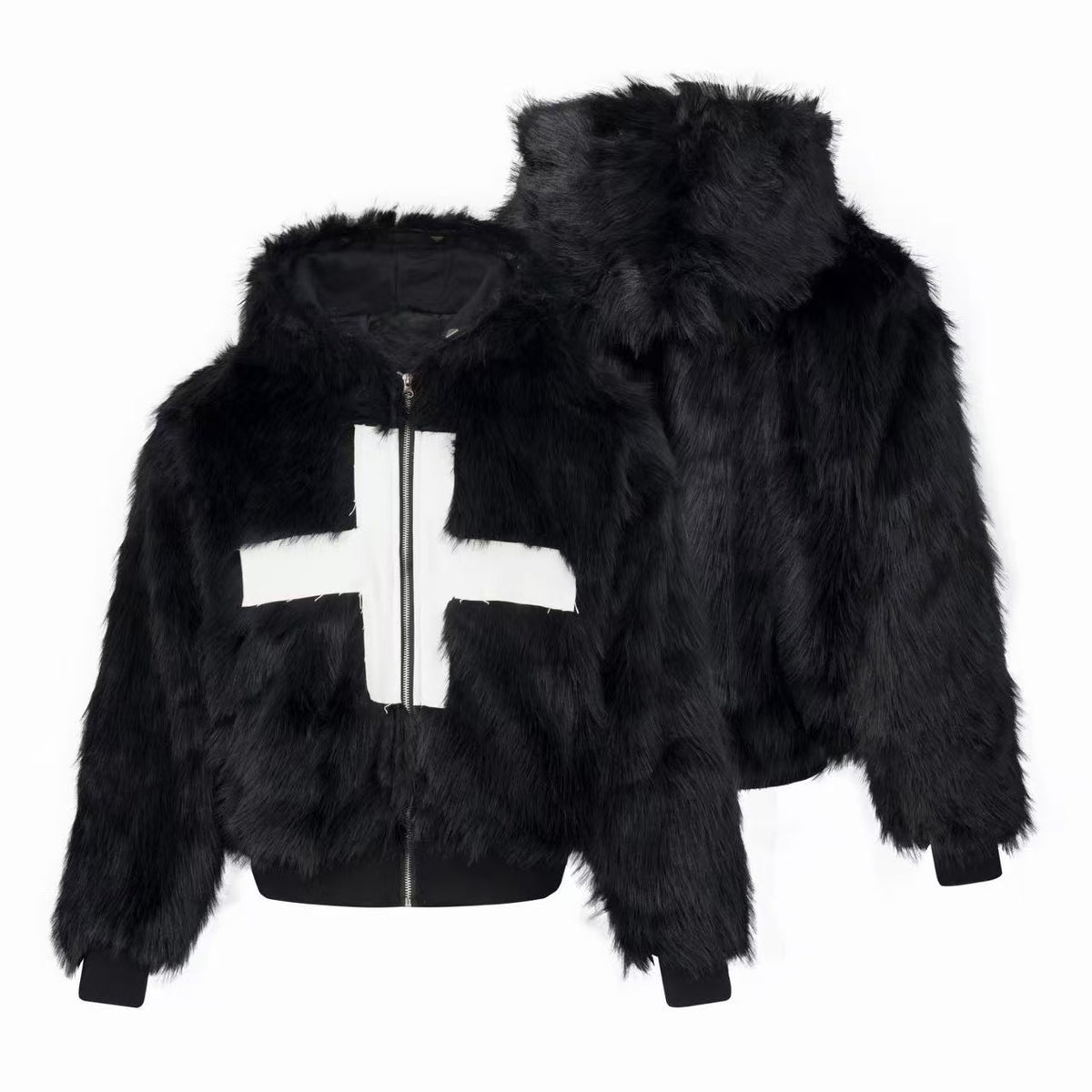 Omirad Faux Fur Cross Zip-Up Bomber Jacket