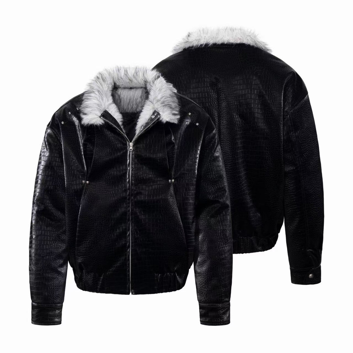 Omirad Crocodile-Textured Faux Fur Collar Bomber Jacket