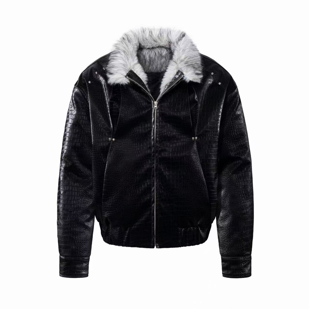 Omirad Crocodile-Textured Faux Fur Collar Bomber Jacket