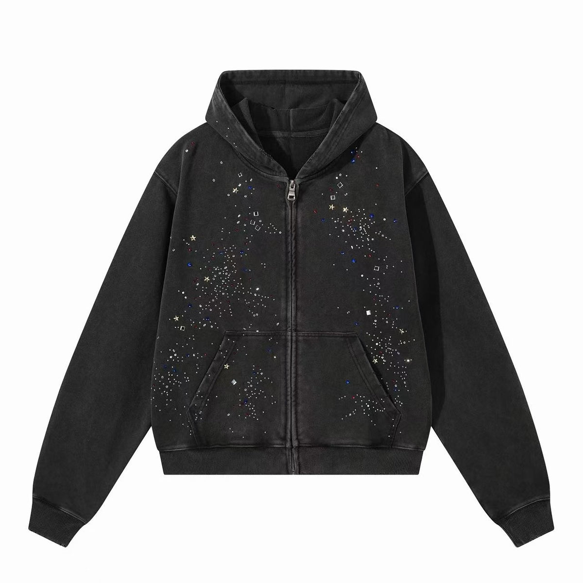 Omirad Rhinestone Washed Zip-Up Hoodie