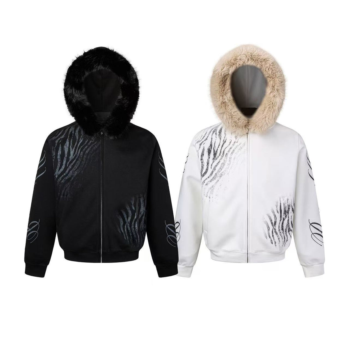 Omirad Faux Fur Zebra Graphic Zip-Up Hoodie