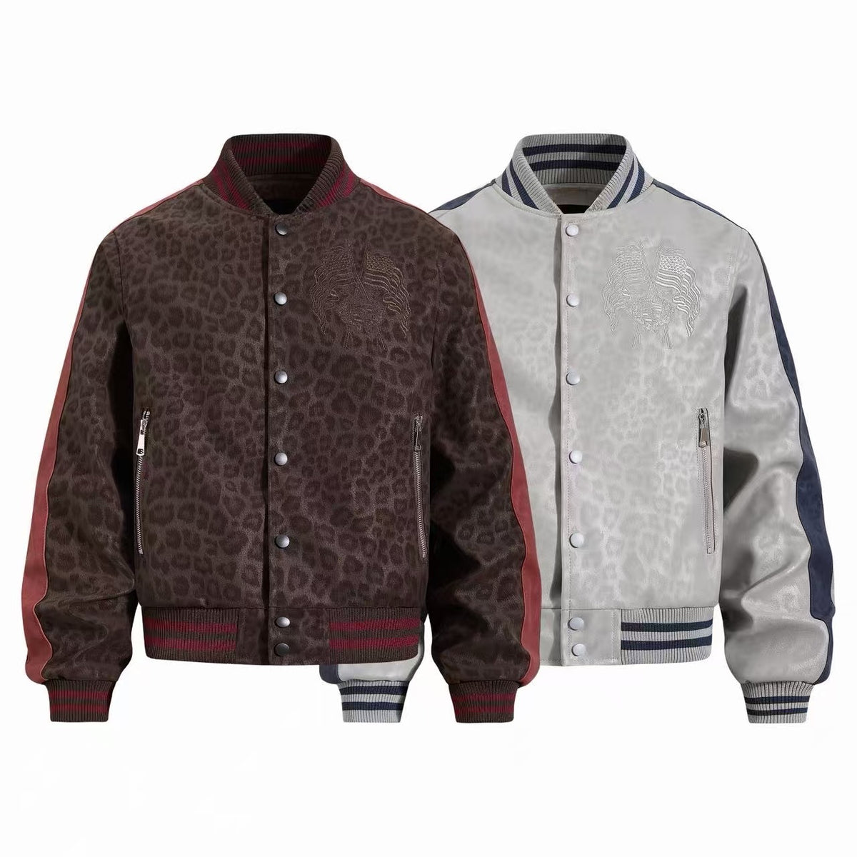 Omirad Leopard Varsity Stripe Bomber Jacket