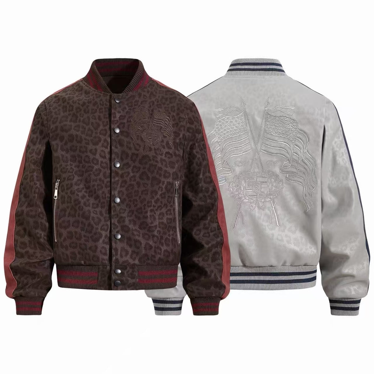 Omirad Leopard Varsity Stripe Bomber Jacket
