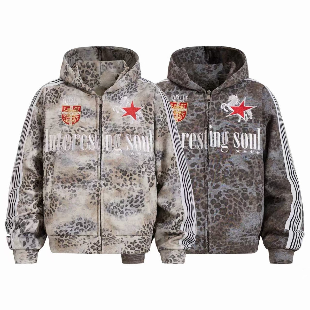 Omirad Leopard Crest Stripe Zip-Up Hoodie Jacket