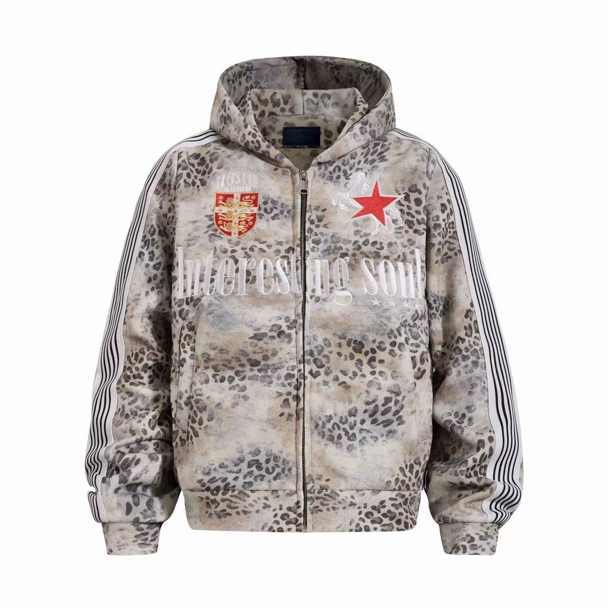 Omirad Leopard Crest Stripe Zip-Up Hoodie Jacket